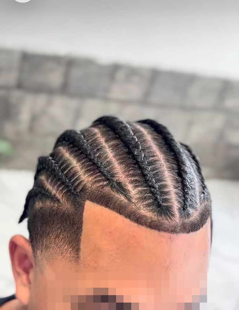 Five thick cornrows across the top of the head, with the sides cut short