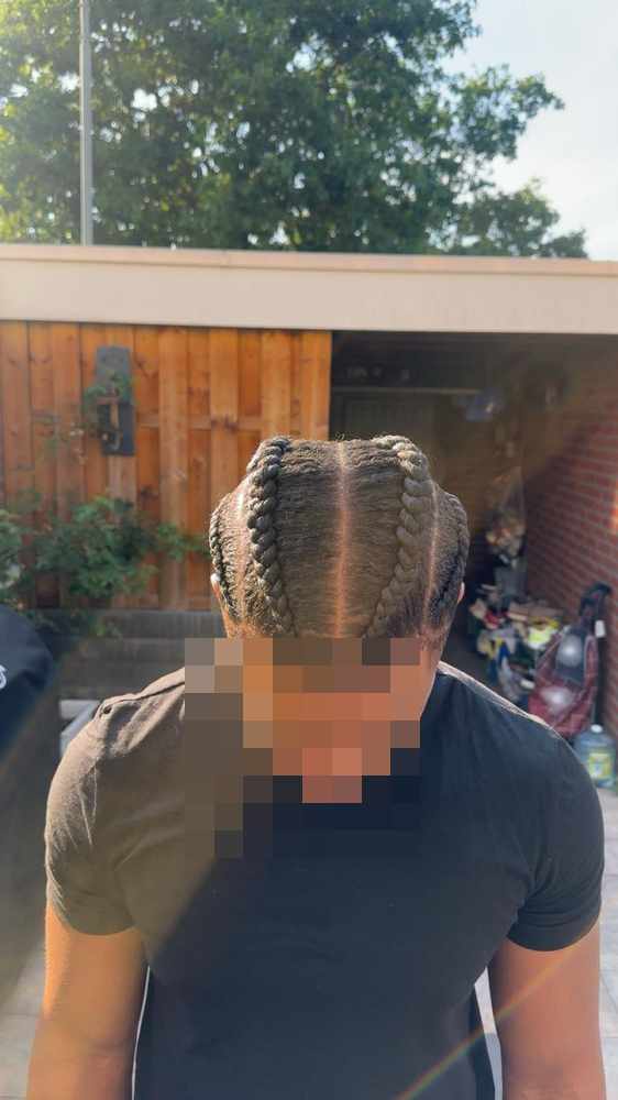 Four thick cornrows, seen from above, with a parting down the middle