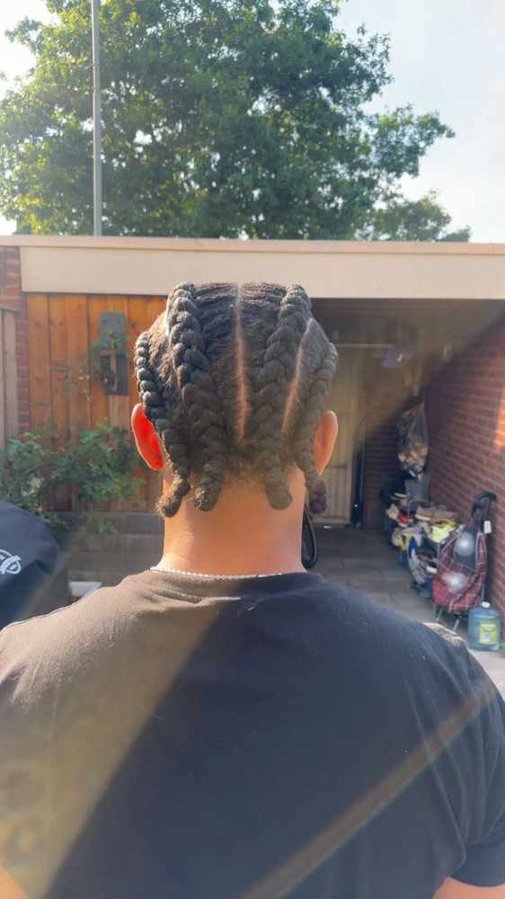 Four thick cornrows, seen from behind, with loose ends at the nape