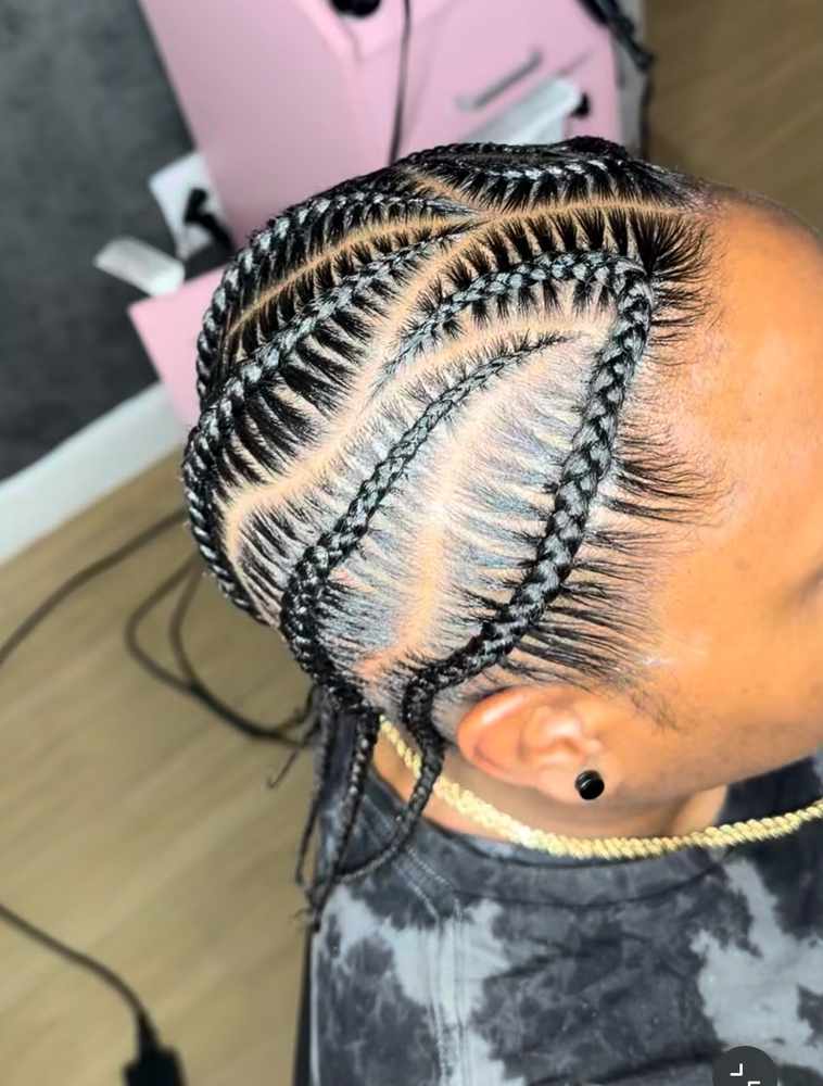 Close-up of stitch braids: each parting a ridge of small crosswise lines, laid in waves