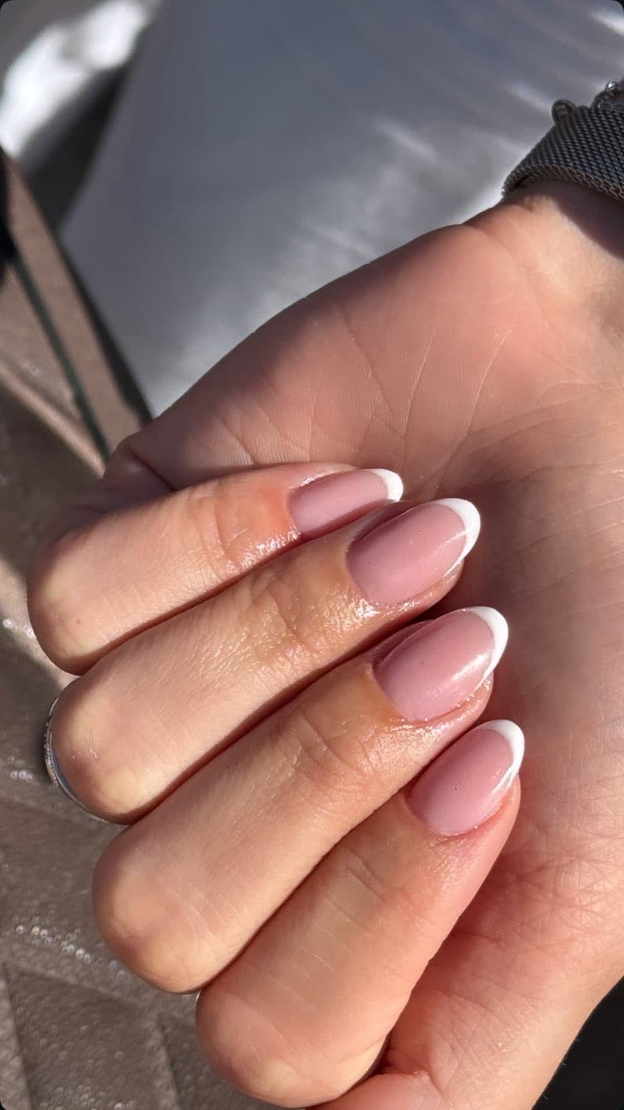 Witte french manicure op amandelvormige nagels in zonlicht
